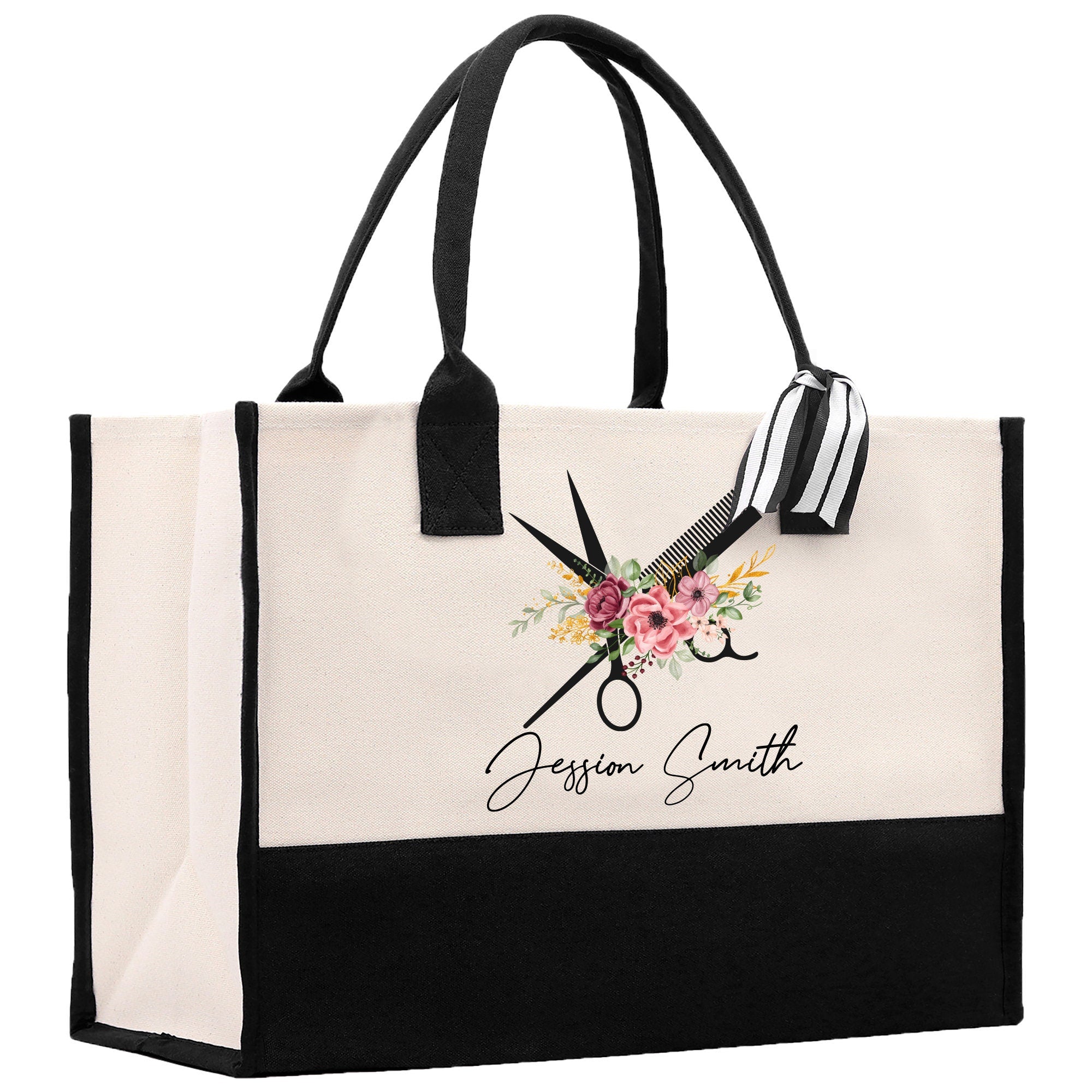 a black and white bag with scissors and flowers on it