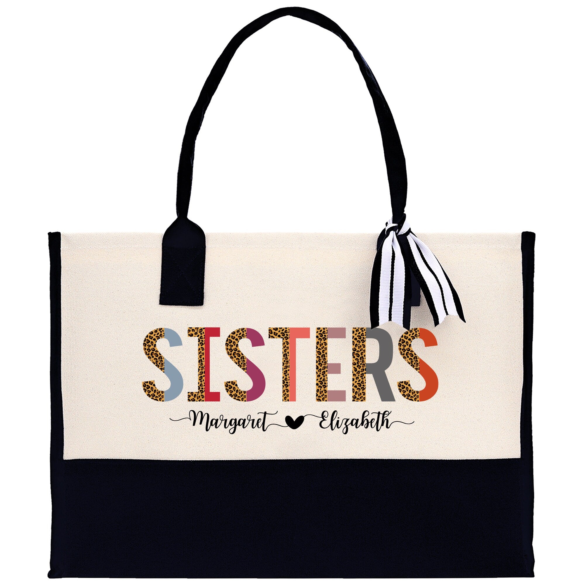 a black and white bag with the words sisters on it