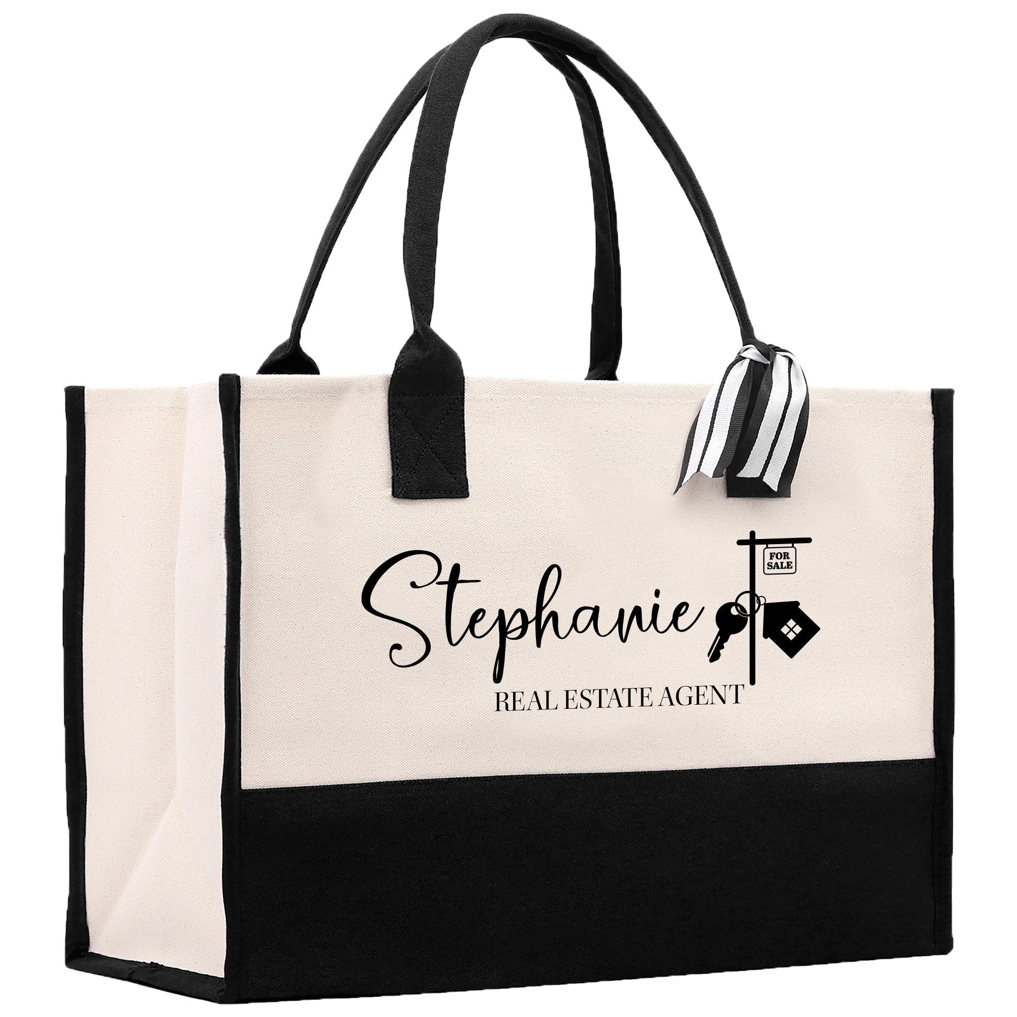 a black and white tote bag with a logo on it