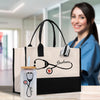 a woman with a stethoscope next to a bag