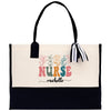 a white and black purse with a nurse name on it