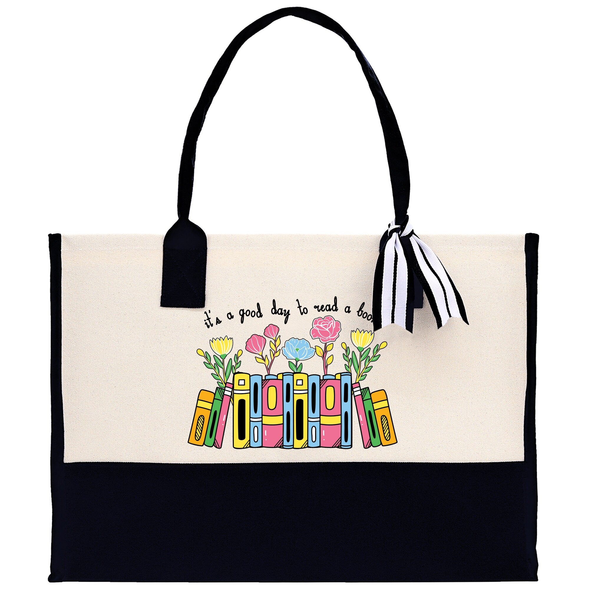 a black and white bag with a picture of books on it