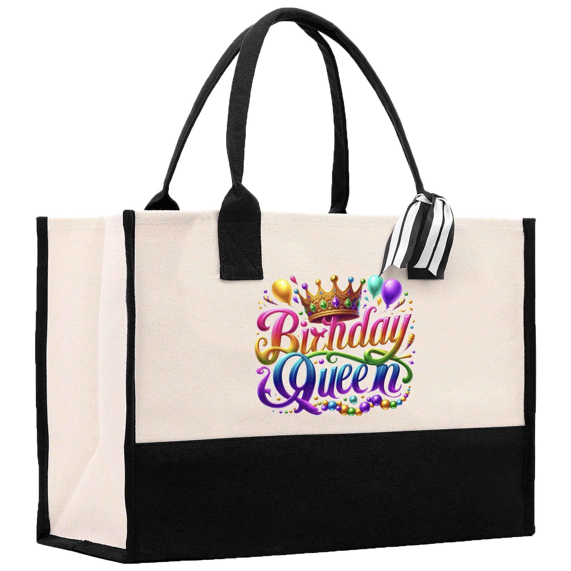 a black and white shopping bag with the words birthday queen on it