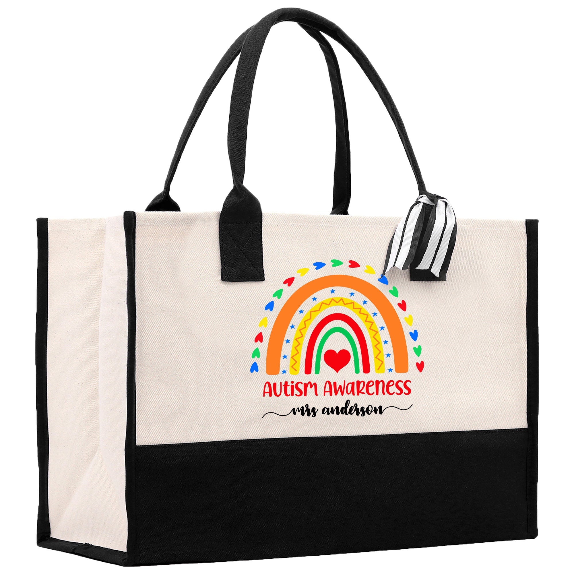 a black and white bag with a rainbow on it