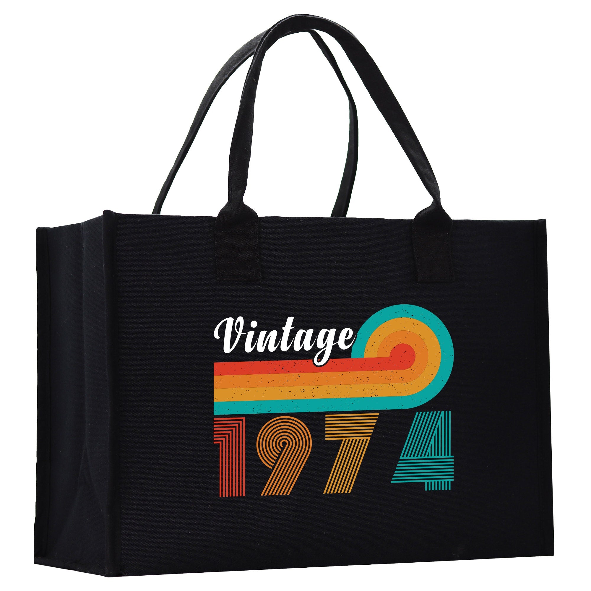 a black shopping bag with a vintage 1971 design