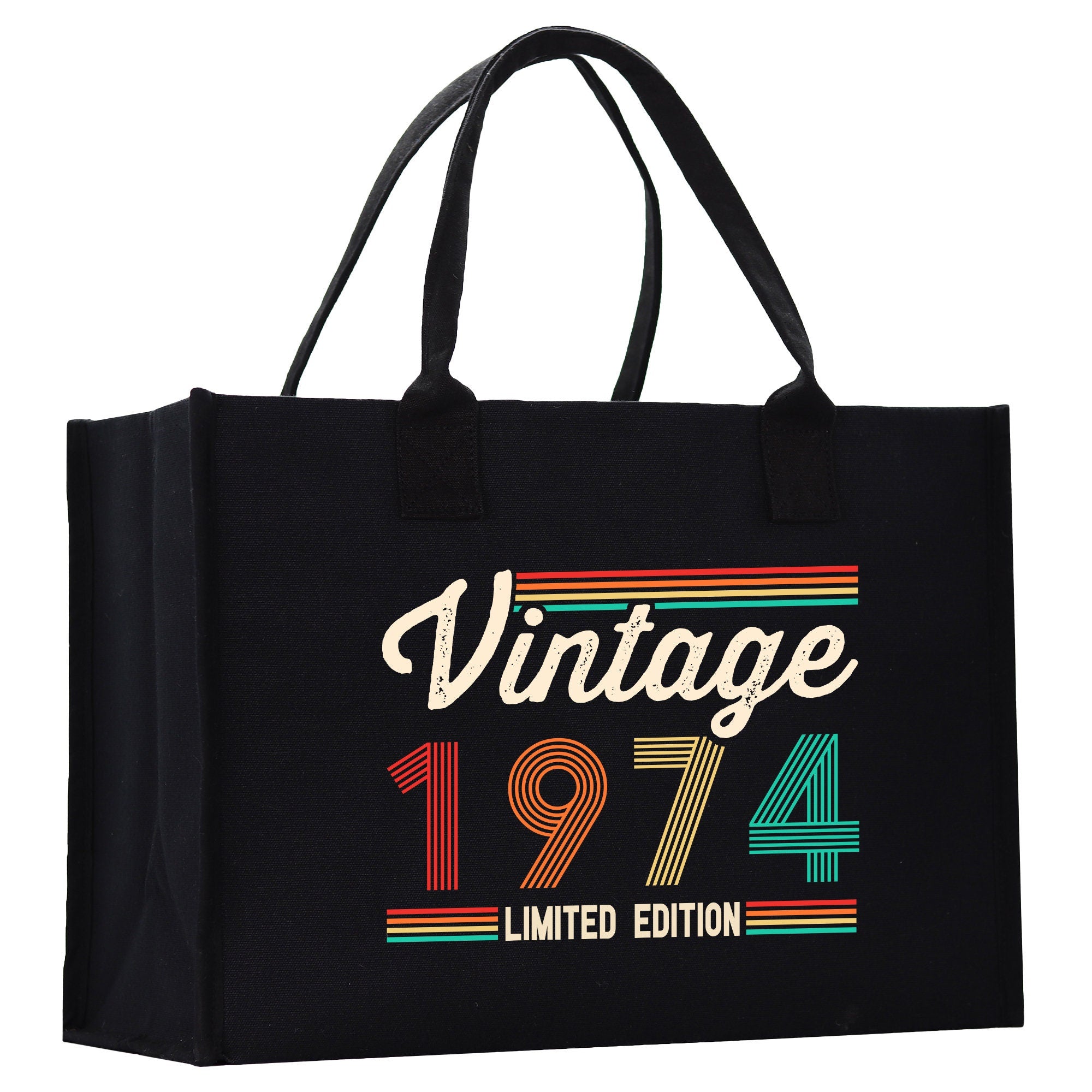 a black shopping bag with the words vintage 1974 printed on it