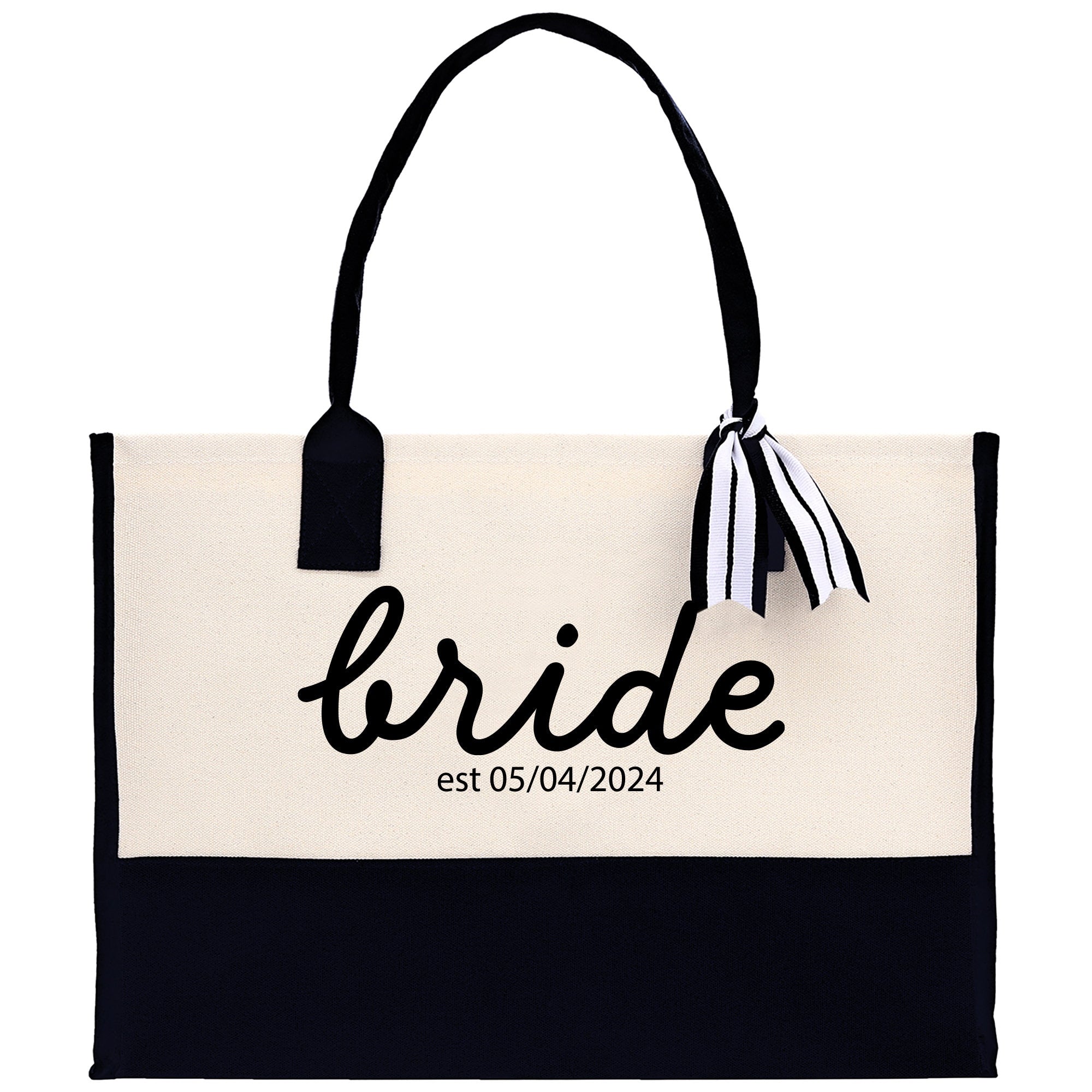 a black and white bag with a bride on it