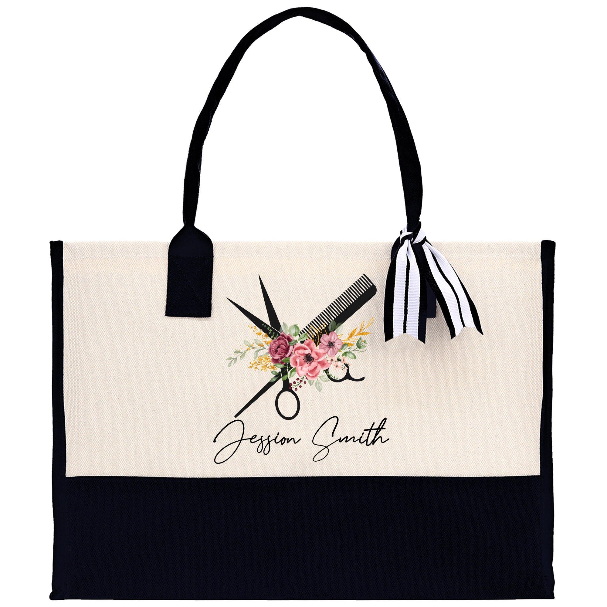 a black and white tote bag with scissors and flowers