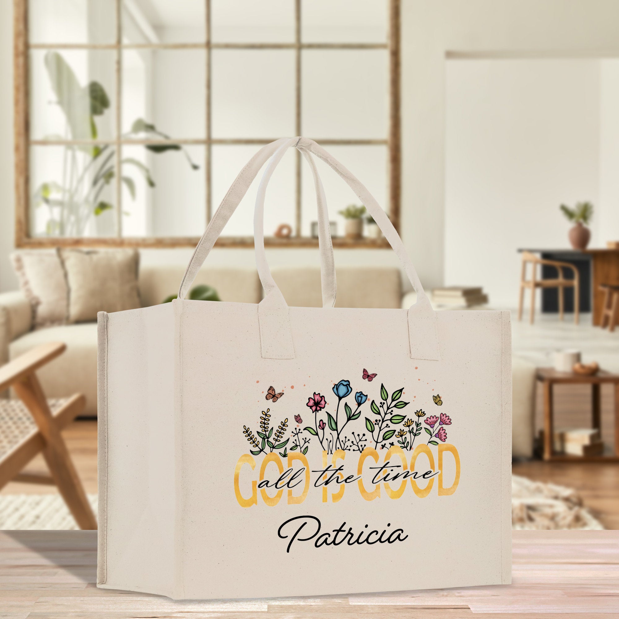 a white shopping bag sitting on top of a wooden table