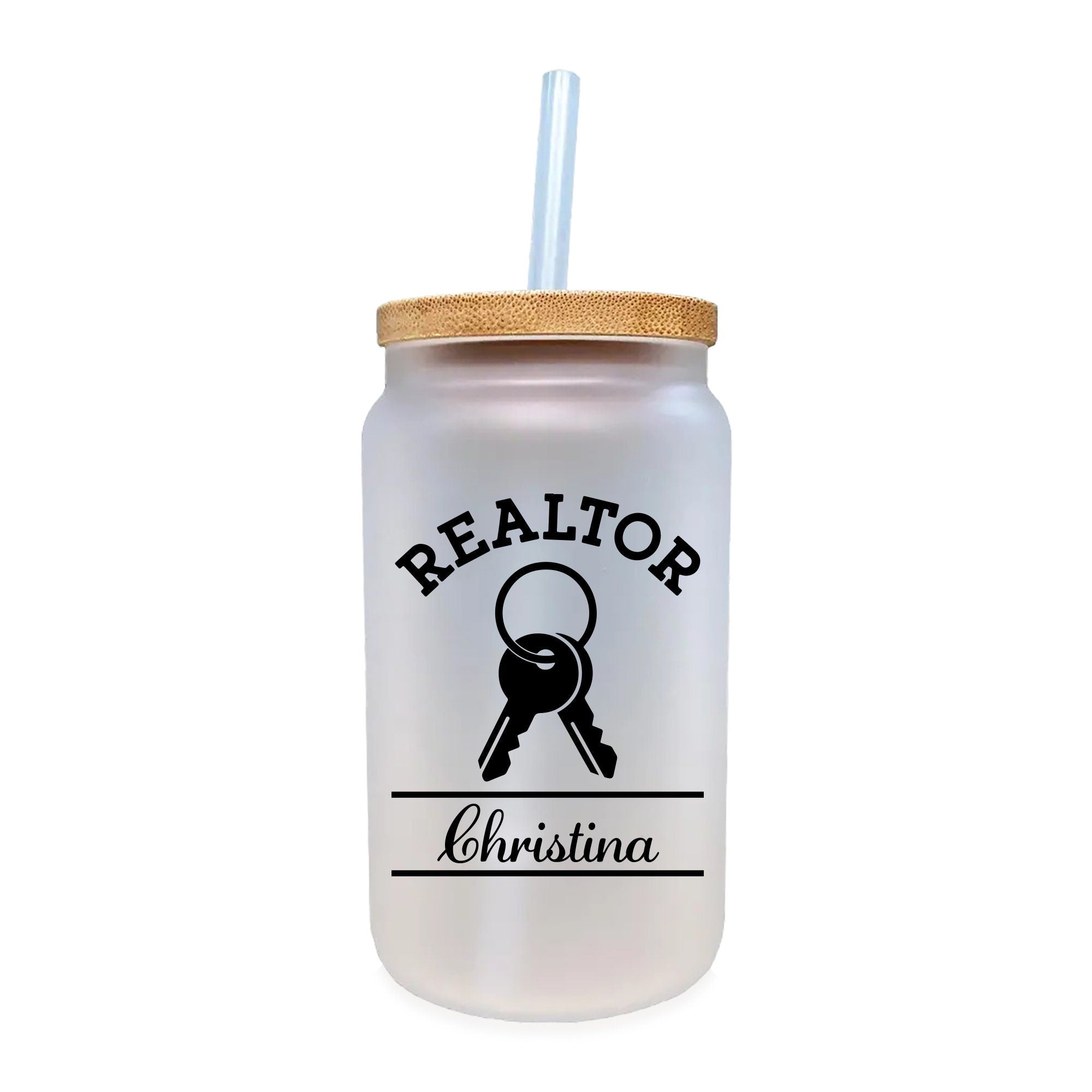 a mason jar with a straw in it that says realtor