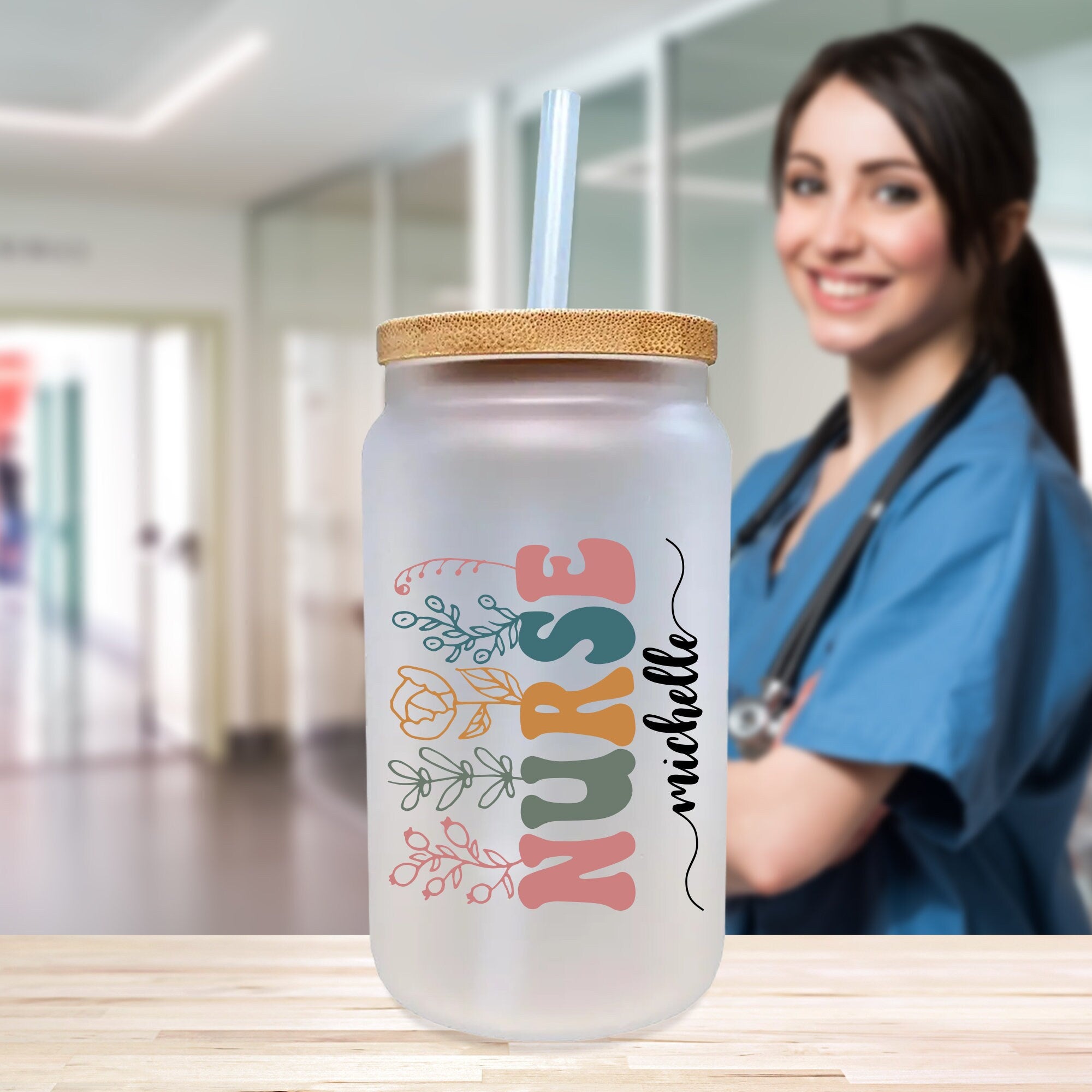 a woman in scrubs standing next to a jar of water