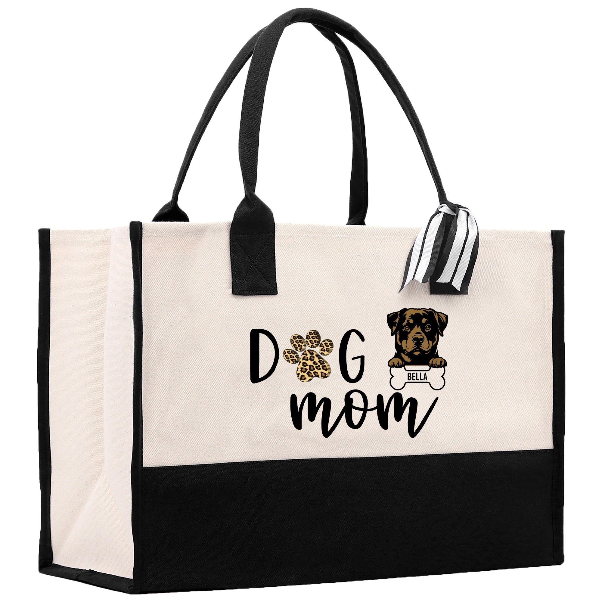 a black and white bag with a dog mom on it