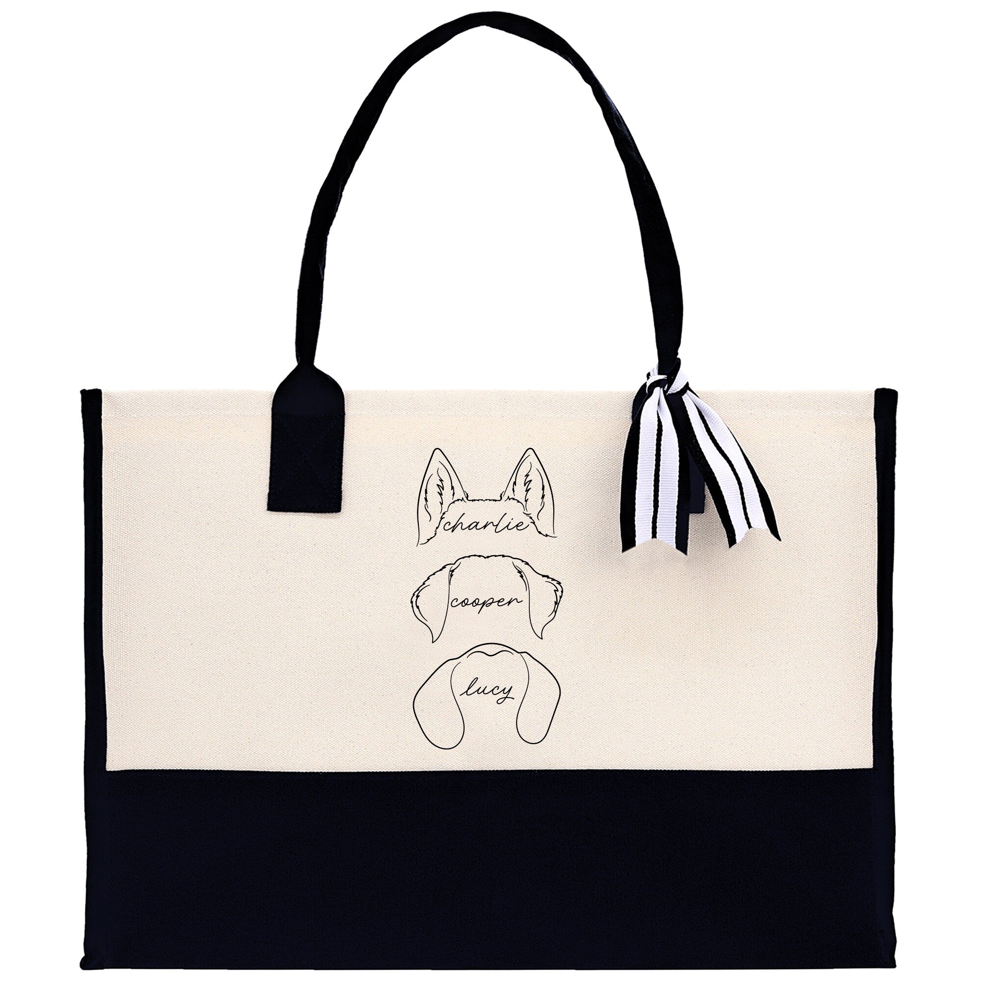 a black and white bag with a picture of a dog on it