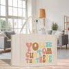 a white shopping bag with the words your custom text on it