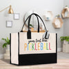 a black and white tote bag with your text here pickleball on it