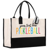 a black and white tote bag with the words pickleball on it