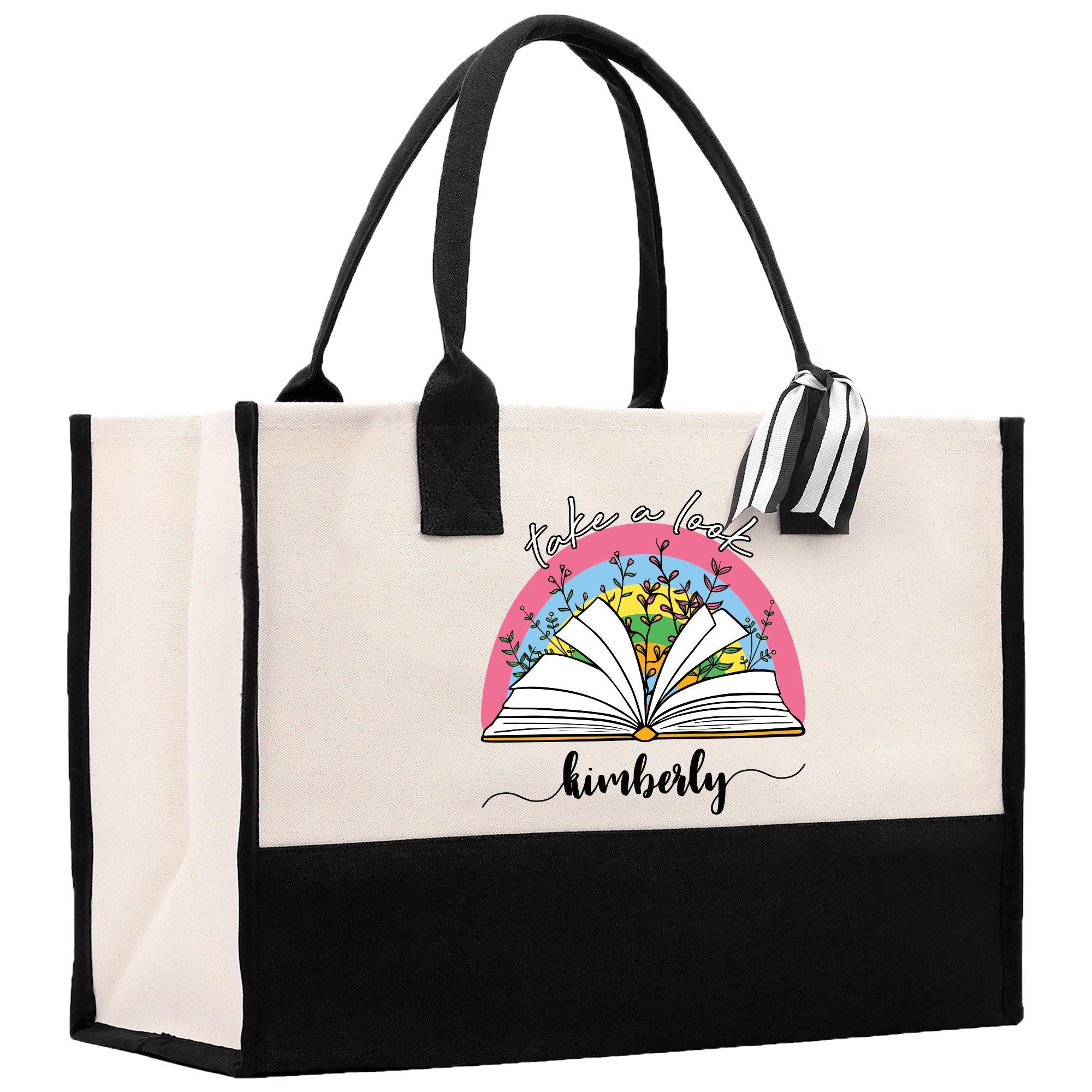 a black and white bag with a book on it