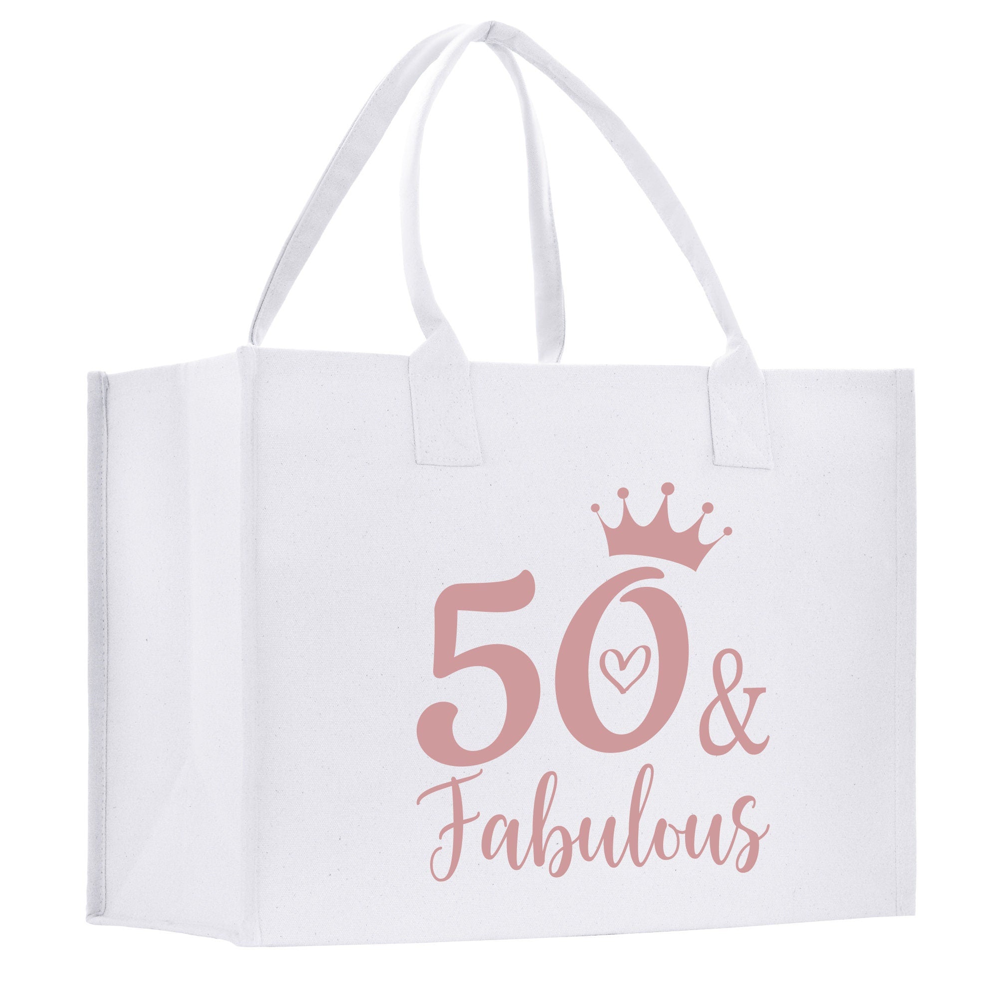 a white shopping bag with the words 50 and fabulous printed on it