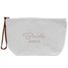 a white cosmetic bag with a bride name on it