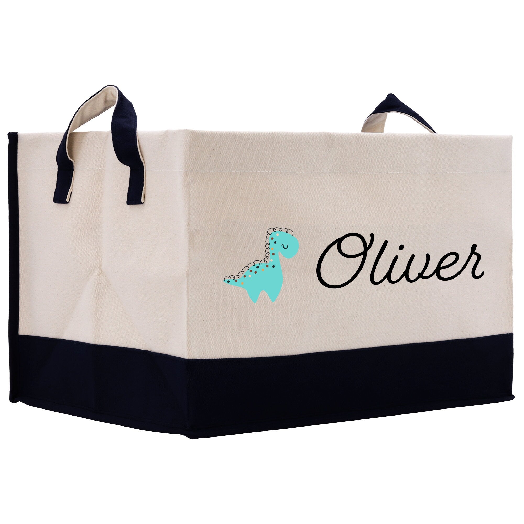 a white and black shopping bag with a dinosaur on it