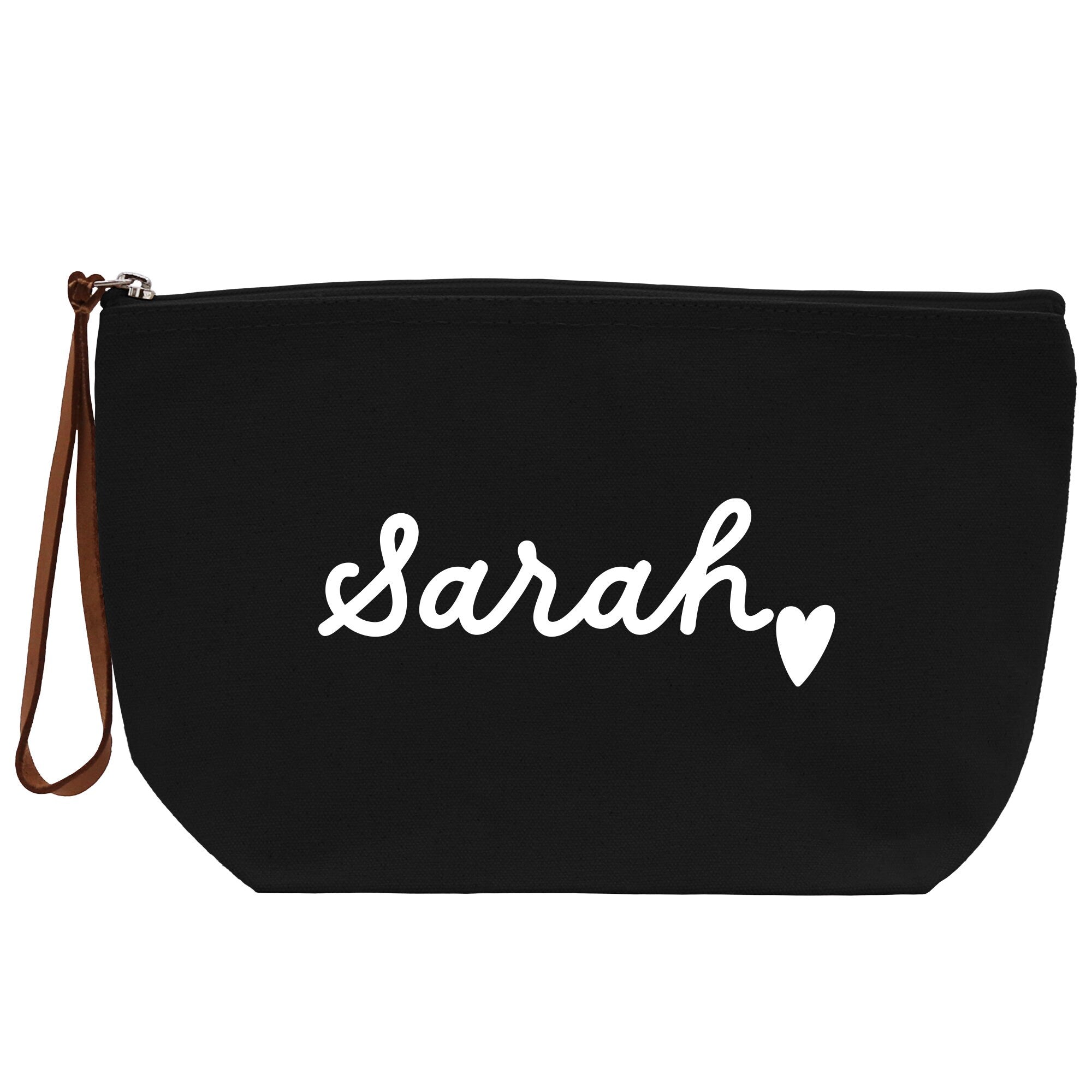 a black bag with the word sarah written on it