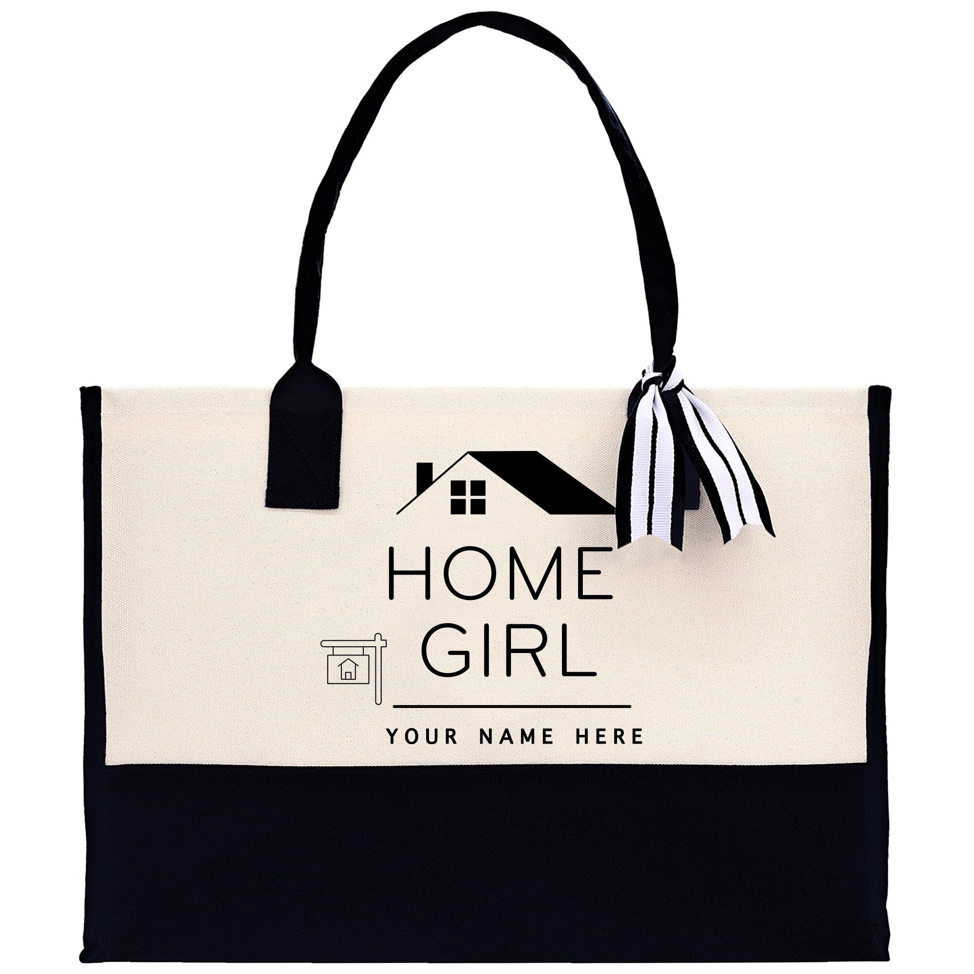 a black and white bag with a house on it