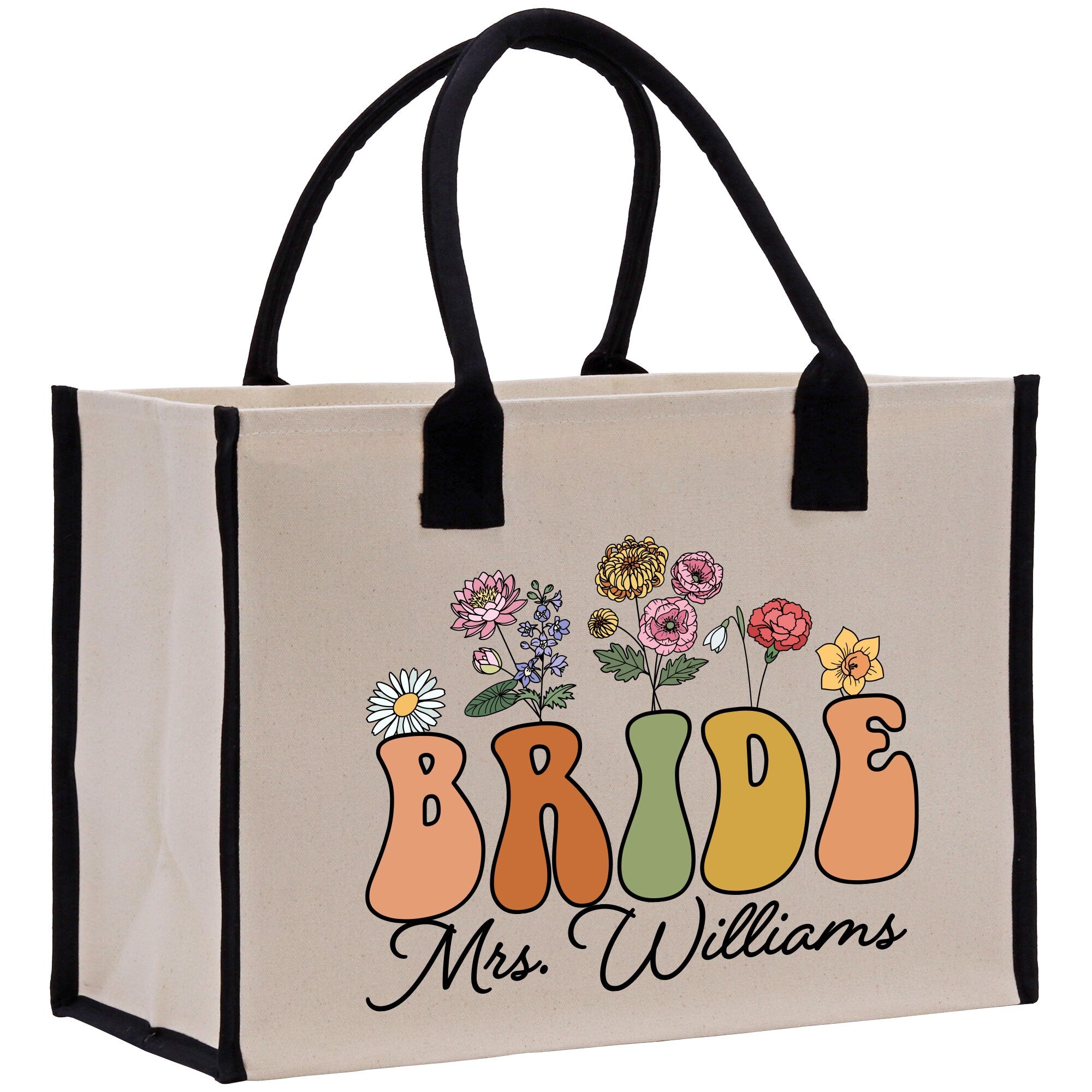 a canvas bag with the words bride and flowers on it