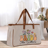 a canvas tote bag with a bride's name on it