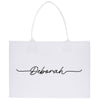 a white shopping bag with the word deborran on it
