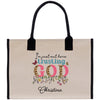 a canvas bag with the words i'm just here trusting god on it