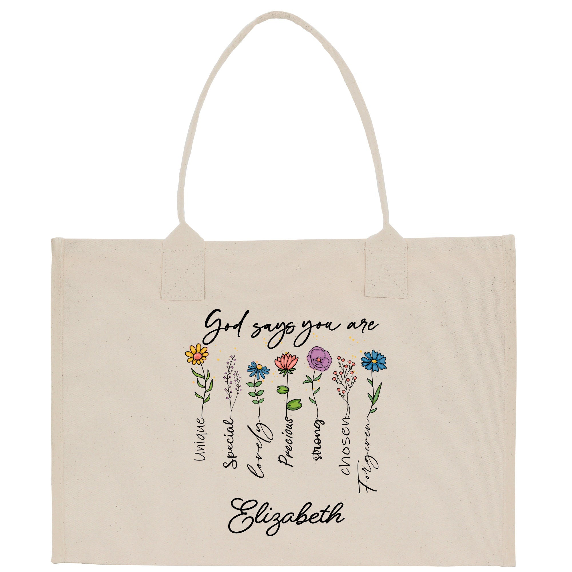 a tote bag with a bunch of flowers on it