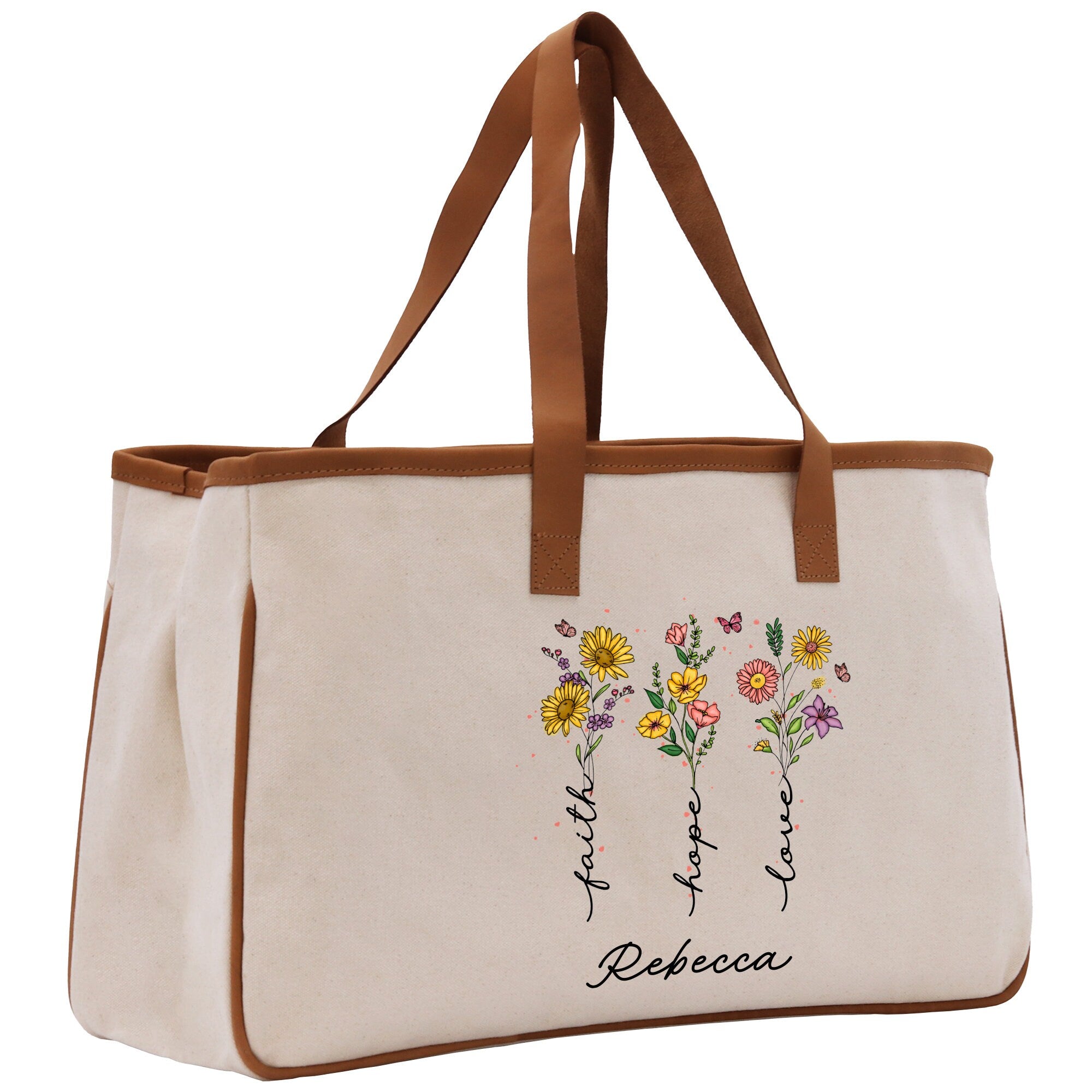 a white canvas bag with flowers on it