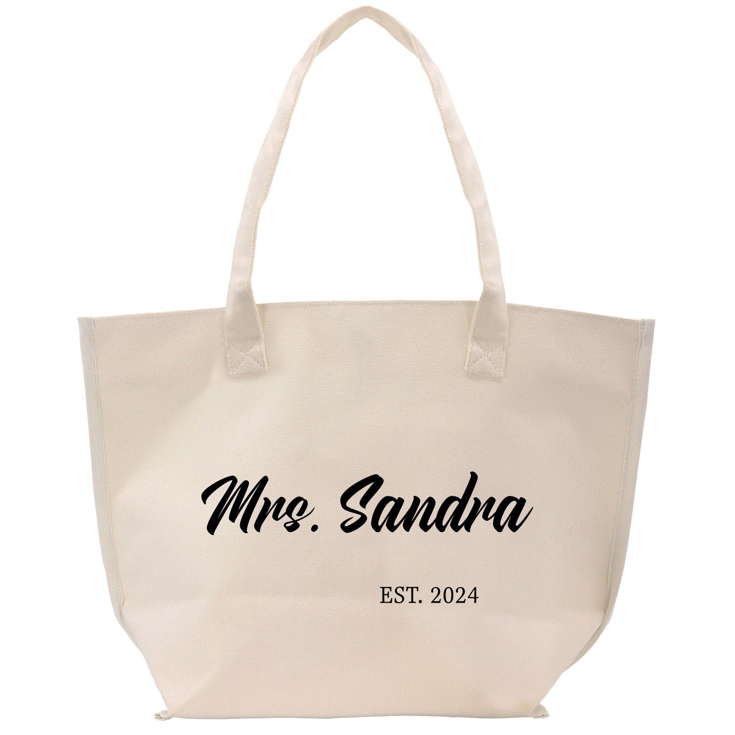 a white tote bag with the words mr sandba on it