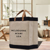a canvas bag with the words melbourne, miami, usa printed on it