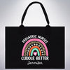a black tote bag with a rainbow on it