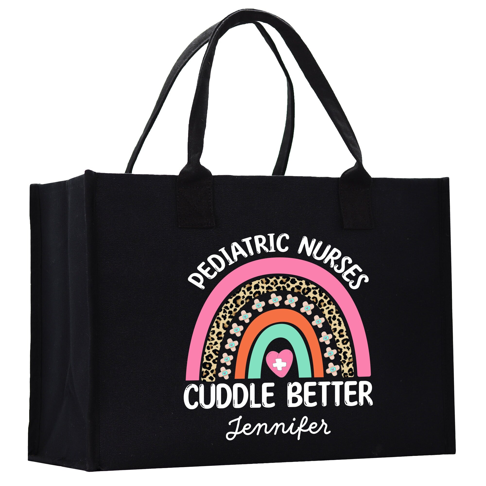 a black tote bag with a rainbow and the words pediatric nurses cuddle better