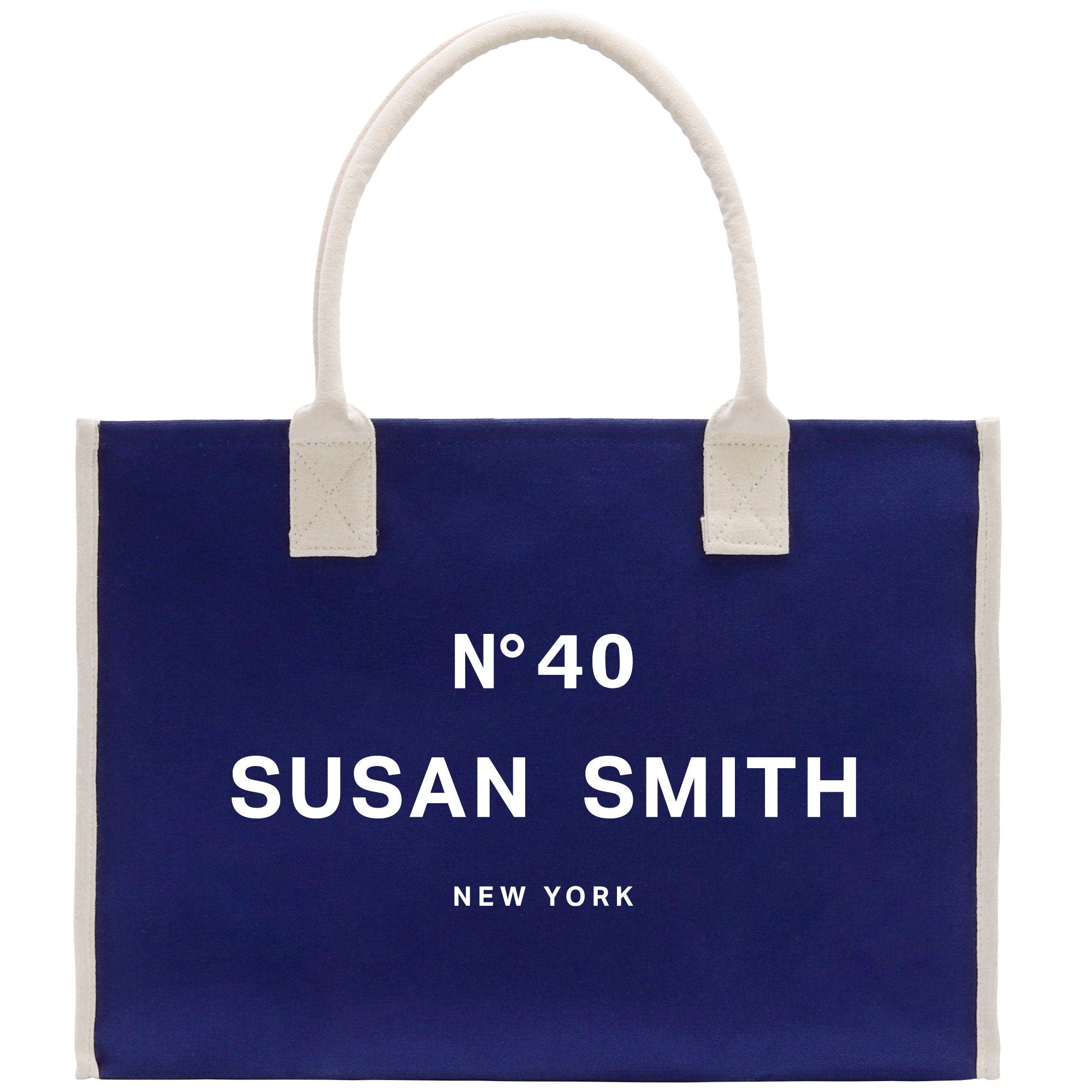 a blue and white bag with a white handle