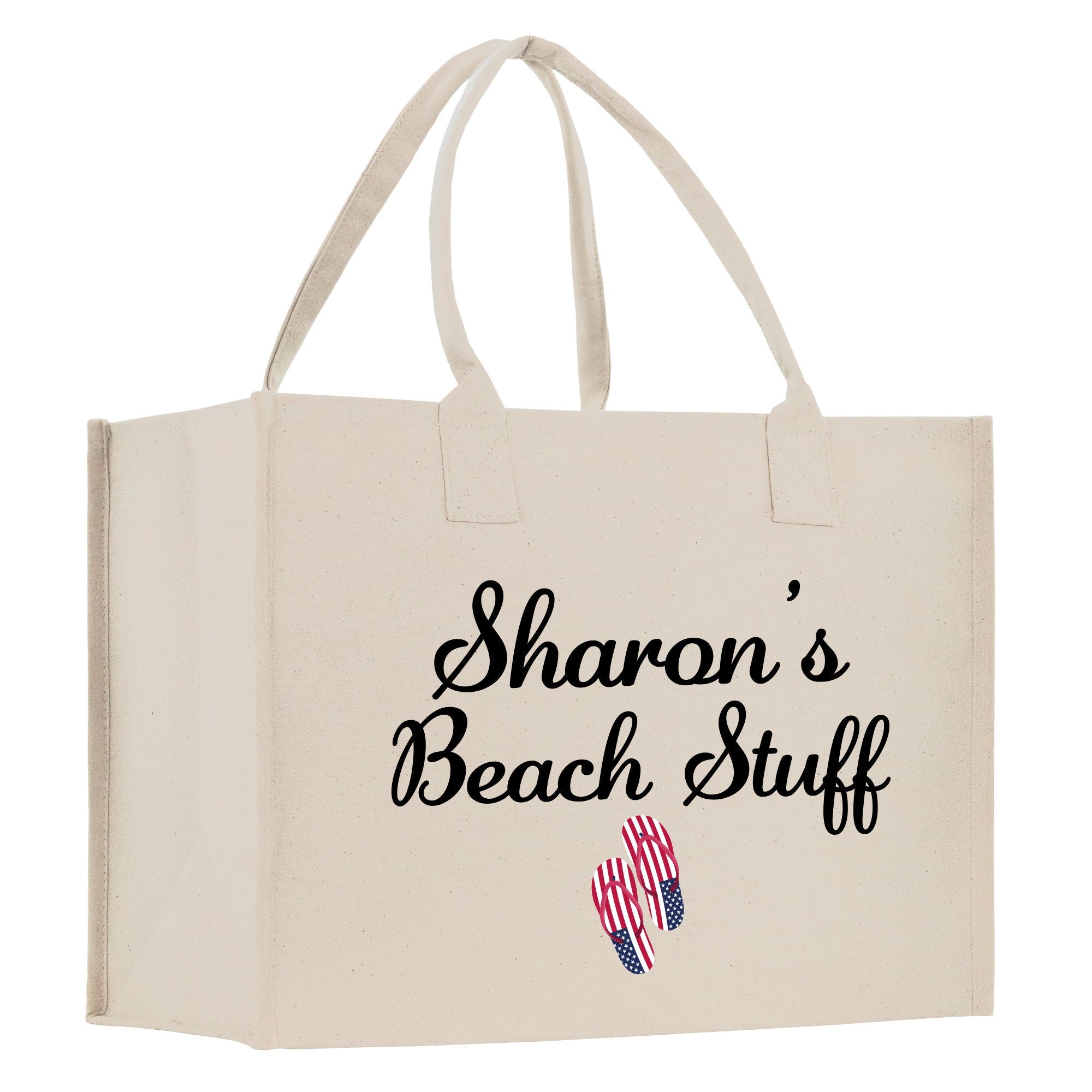 a white shopping bag with the words sharon&#39;s beach stuff on it