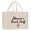 a white shopping bag with the words sharon's beach stuff on it