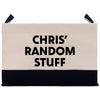 a black and white bag that says,'christ's random stuff '