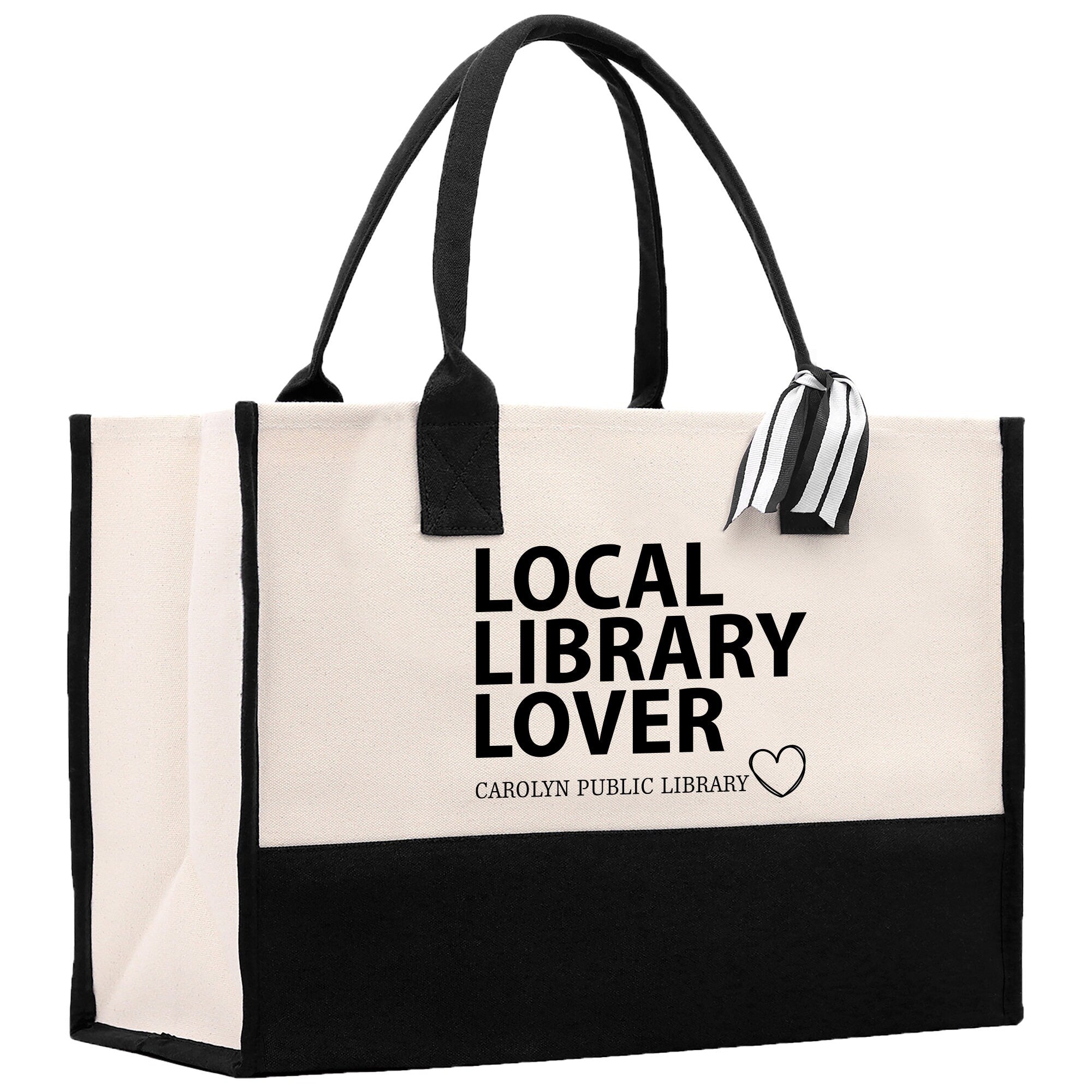 a black and white bag with the words local library lover on it