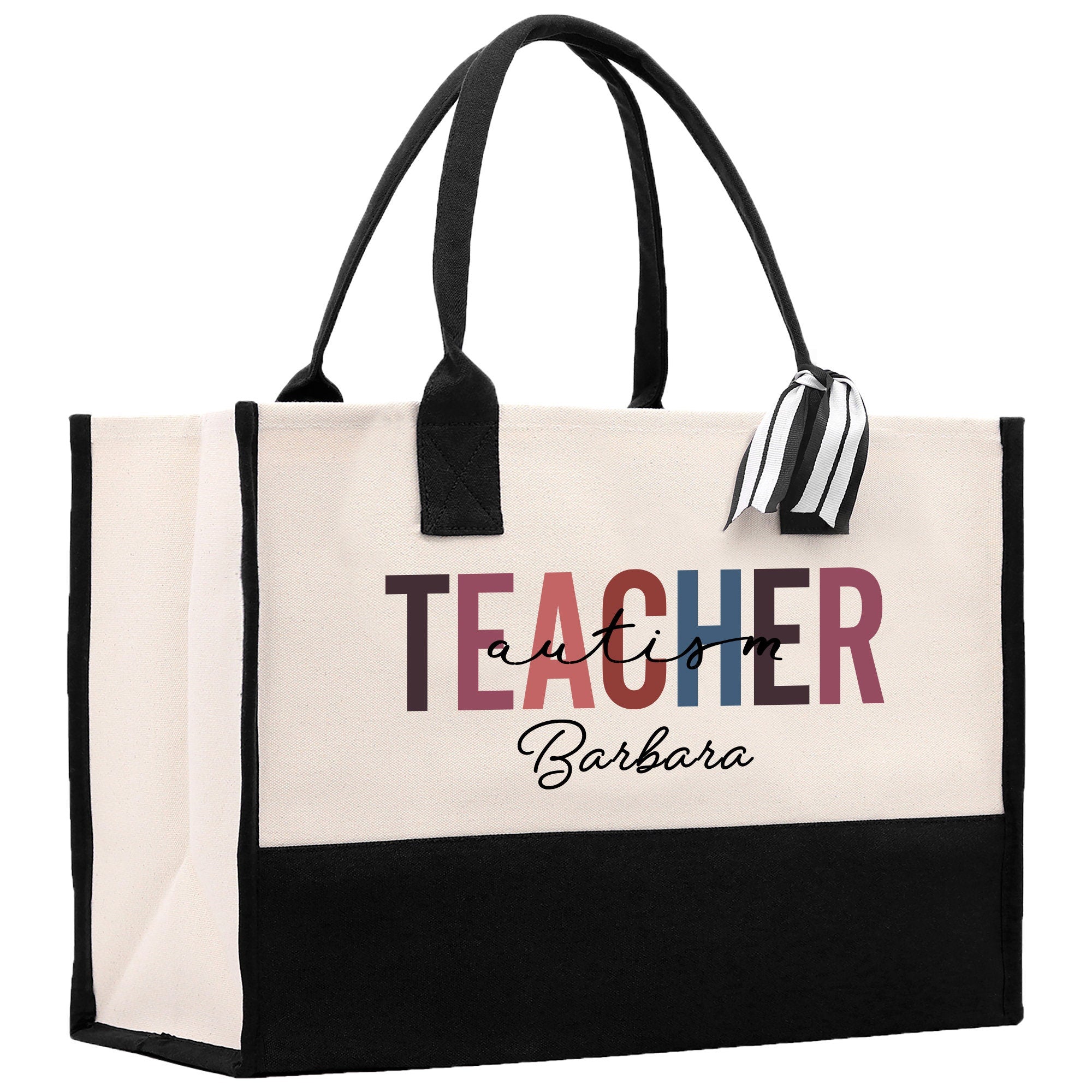 a black and white bag with a teacher on it