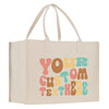 a white shopping bag with the words your custom text