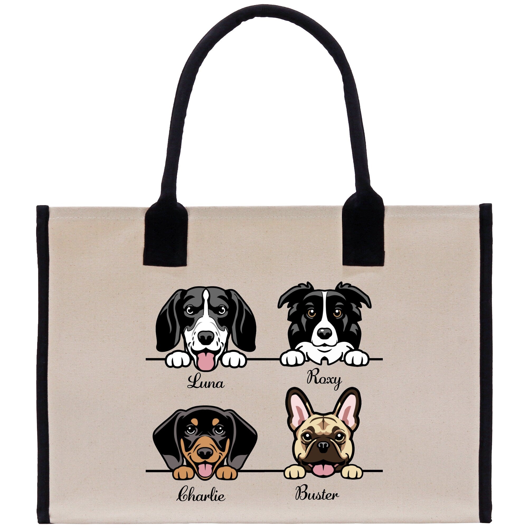 a tote bag with three dogs on it