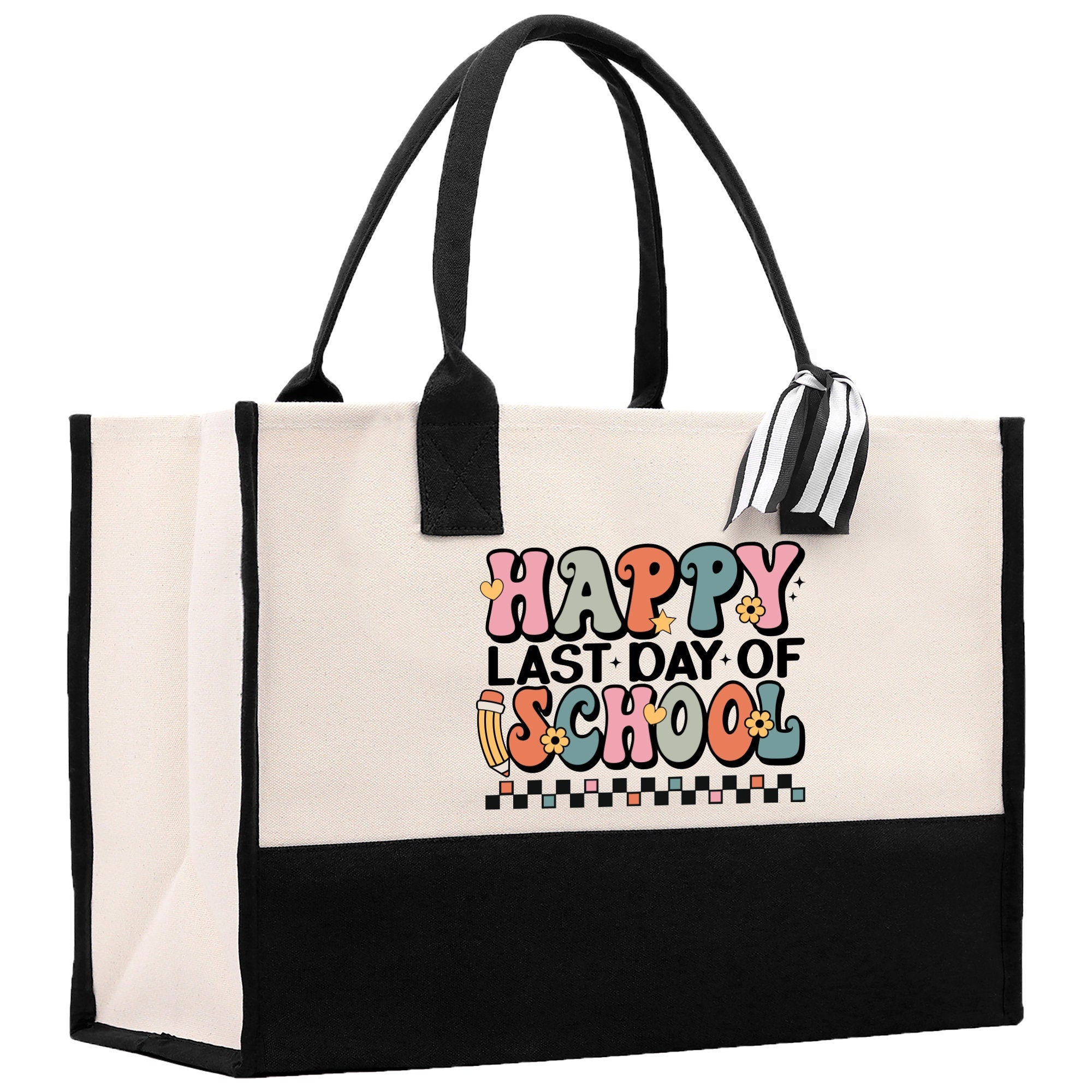 a black and white bag with a happy last day of school message