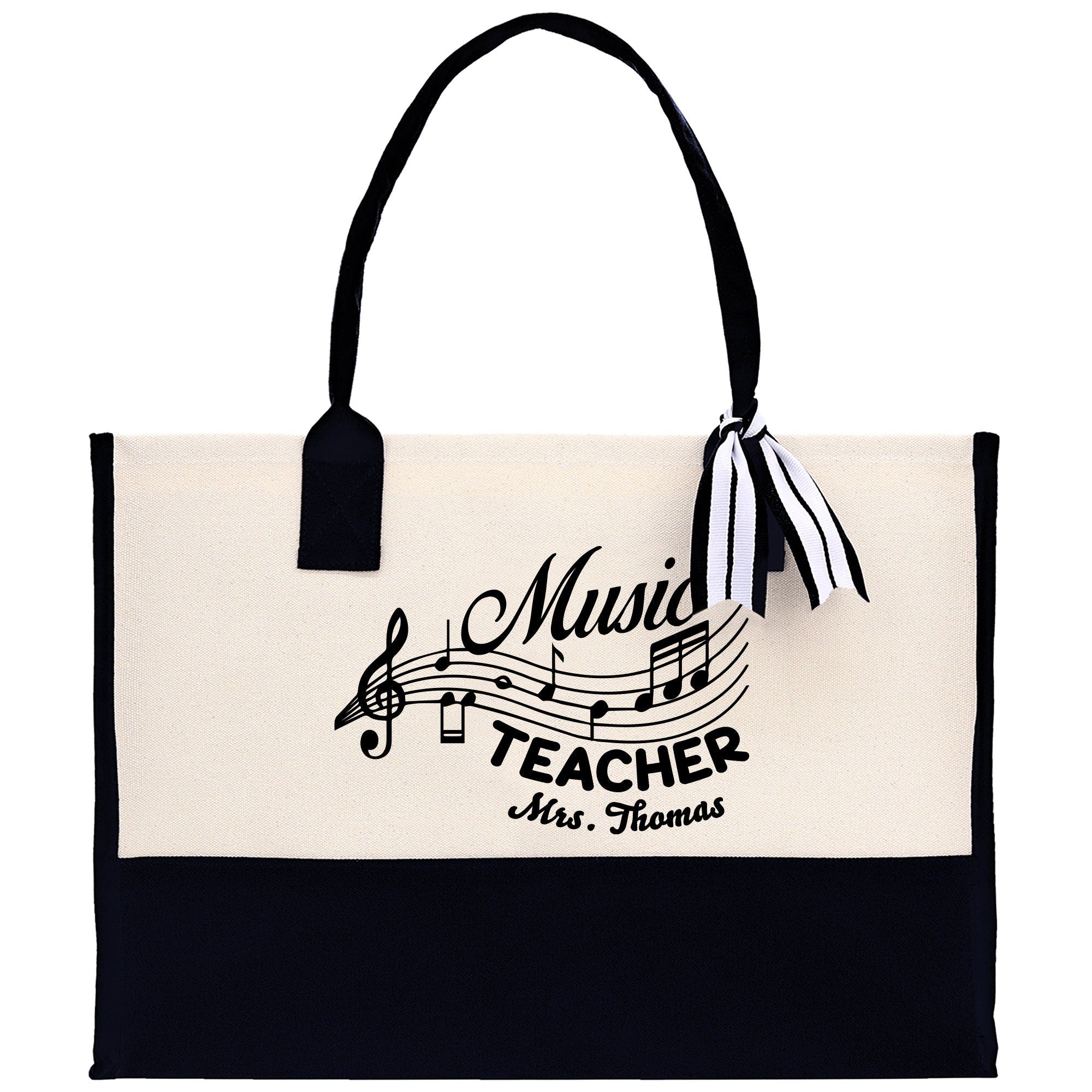 a black and white bag with music teacher on it