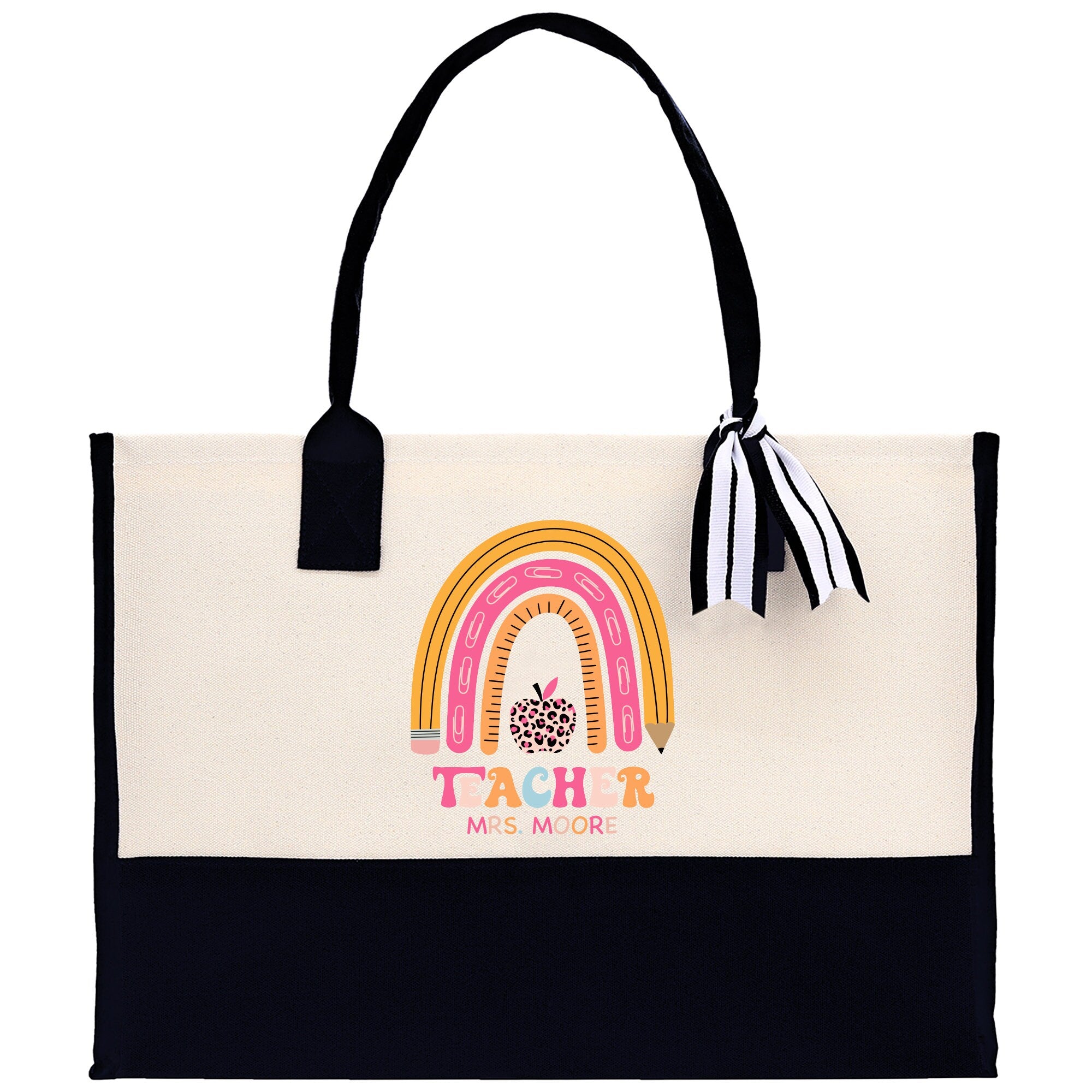a white and black bag with a rainbow on it
