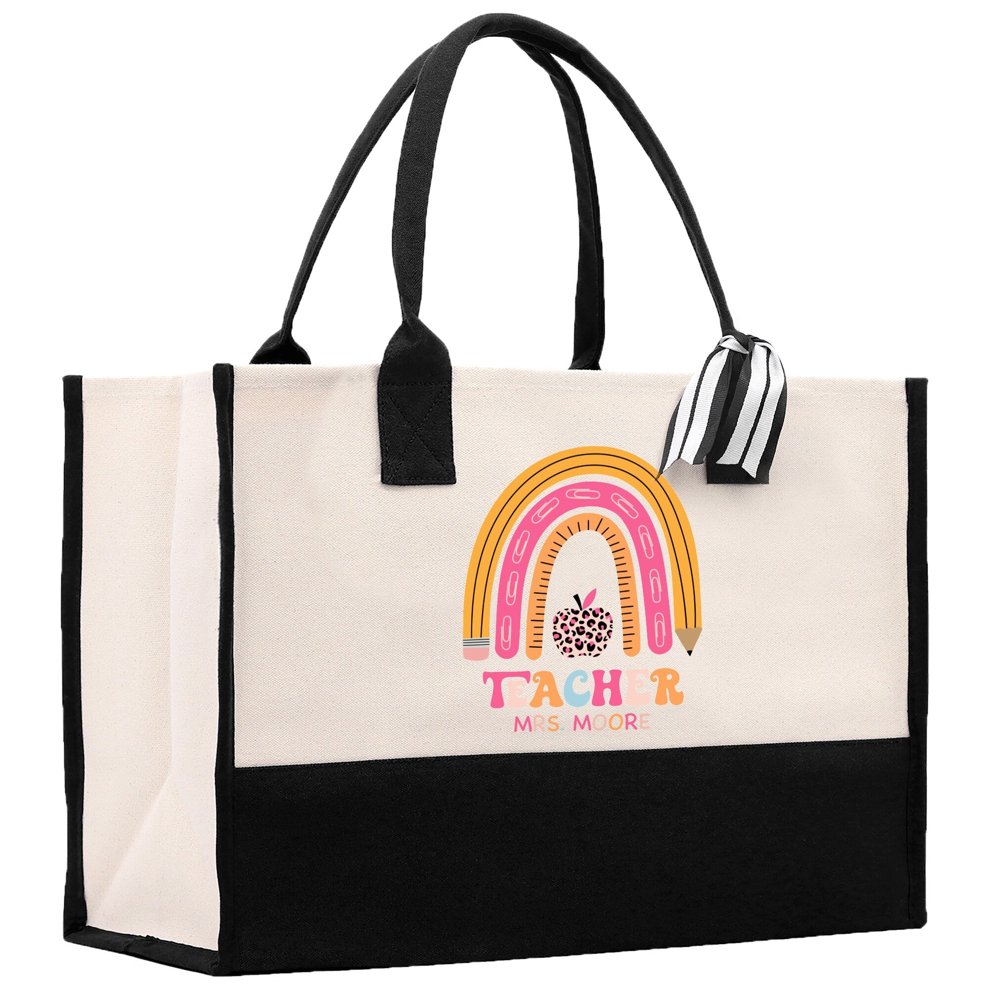 a white and black bag with a rainbow on it
