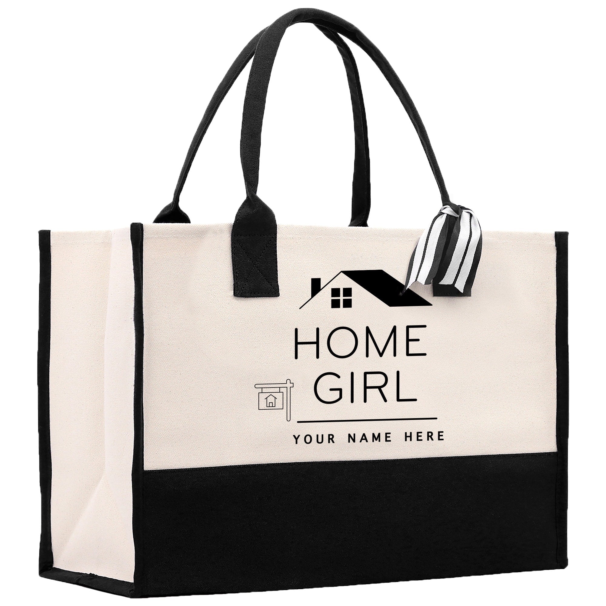 a black and white bag with a house on it