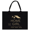 a black tote bag with a house on it
